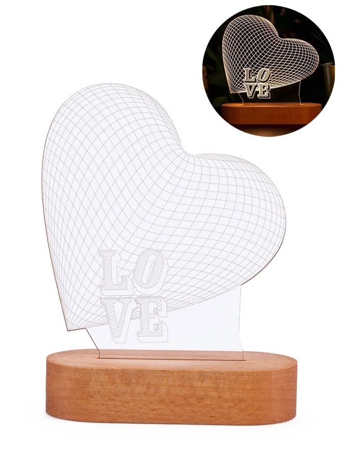 AMERTEER 3D Heart LED Night Light – USB Acrylic Illusion Lamp with Wooden Base for Bedroom & Special Occasions  - Image 1