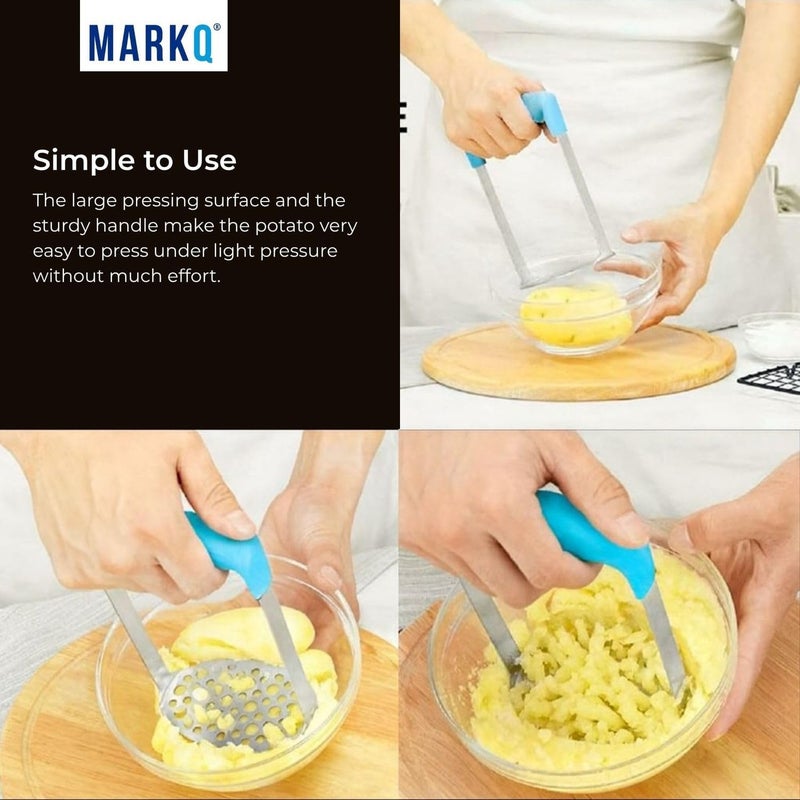 MARKQ Stainless Steel Potato Masher – 17.5 cm Manual Hand Masher with Ergonomic Handle & Fine-Grid Plate | Heavy-Duty Stainless Kitchen Tool for Potatoes, Vegetables & Fruits, Easy to Clean - Sky Blue - Image 4