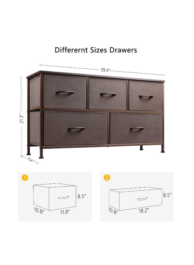 خزانة ذات 5 أدراج، هيكل معدني متين، سطح خشبي، خزانة لغرفة النوم، وحدة تنظيم تخزين من القماش لغرفة الأطفال، غرفة المعيشة، غرفة النوم، المدخل - Image 2