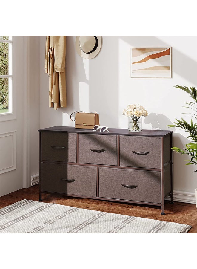 خزانة ذات 5 أدراج، هيكل معدني متين، سطح خشبي، خزانة لغرفة النوم، وحدة تنظيم تخزين من القماش لغرفة الأطفال، غرفة المعيشة، غرفة النوم، المدخل - Image 3