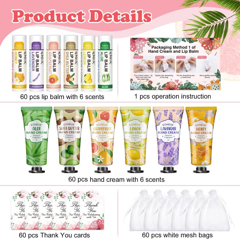 KONEUK 60 Pack Hand Cream Bulk and Lip Balm Bulk Sets, Easter Basket Stuffers, Mothers Day Gifts and Bridal Shower Gifts for Guests, Teacher Appreciation Gifts, Nurse Gifts, Birthday Gifts, Small Gifts - Image 2
