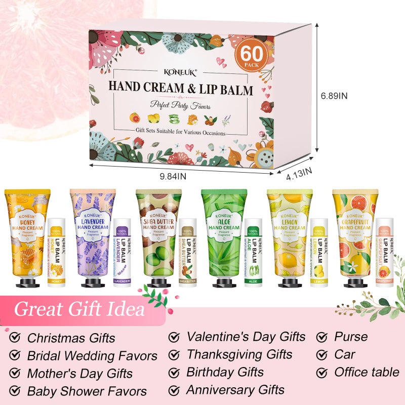 KONEUK 60 Pack Hand Cream Bulk and Lip Balm Bulk Sets, Easter Basket Stuffers, Mothers Day Gifts and Bridal Shower Gifts for Guests, Teacher Appreciation Gifts, Nurse Gifts, Birthday Gifts, Small Gifts - Image 5