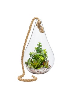 Restaurantware Restaurantware-7.9 x 12.6 Inch Hanging Terrarium With Faux Succulent, 1 Artificial Succulent - In Hanging Glass Terrarium, With Knotted Hemp Rope, Plastic Hanging Succulent, Patio Or Home Decor  - Image 2