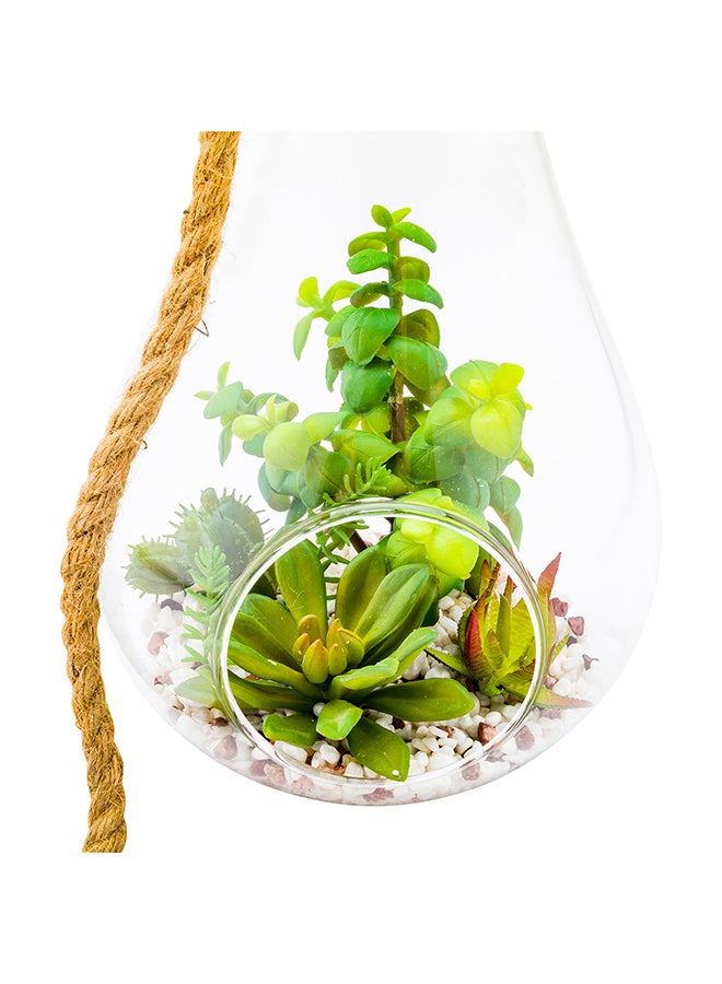 Restaurantware-7.9 x 12.6 Inch Hanging Terrarium With Faux Succulent, 1 Artificial Succulent - In Hanging Glass Terrarium, With Knotted Hemp Rope, Plastic Hanging Succulent, Patio Or Home Decor - Image 1