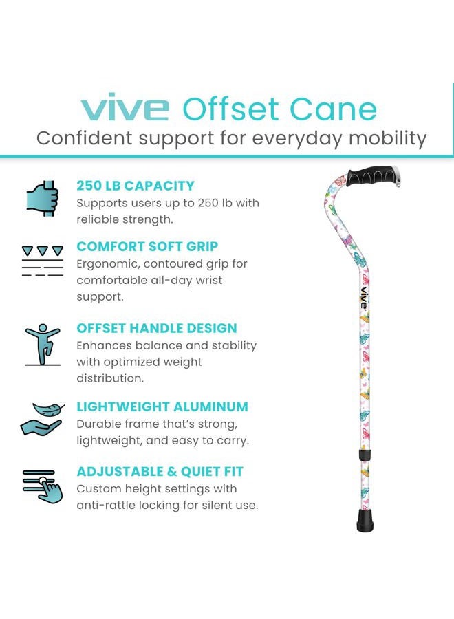 VIVE Walking Cane Portable Adjustable Offset Balance Stick Lightweight & Sturdy Mobility Walker Aid For Arthritis Elderly Seniors & Handicap One Size White Butterfly - Image 2