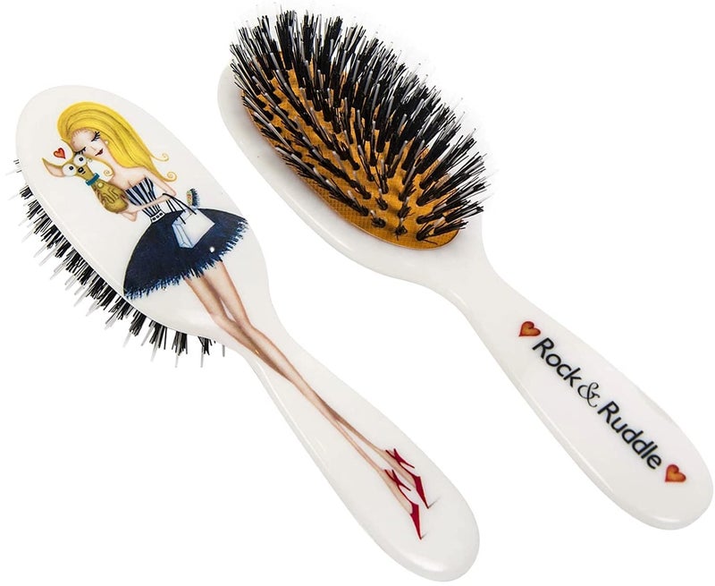 Rock & Ruddle Natural Mixed Boar Bristle Hair Brush for Women and Kids (Small/Travel Size, 17.5cm) - Great for Wet or Dry Hair, Detangling Smoothing Blowdrying - Made in UK - Miss Daisy Evening - Image 1
