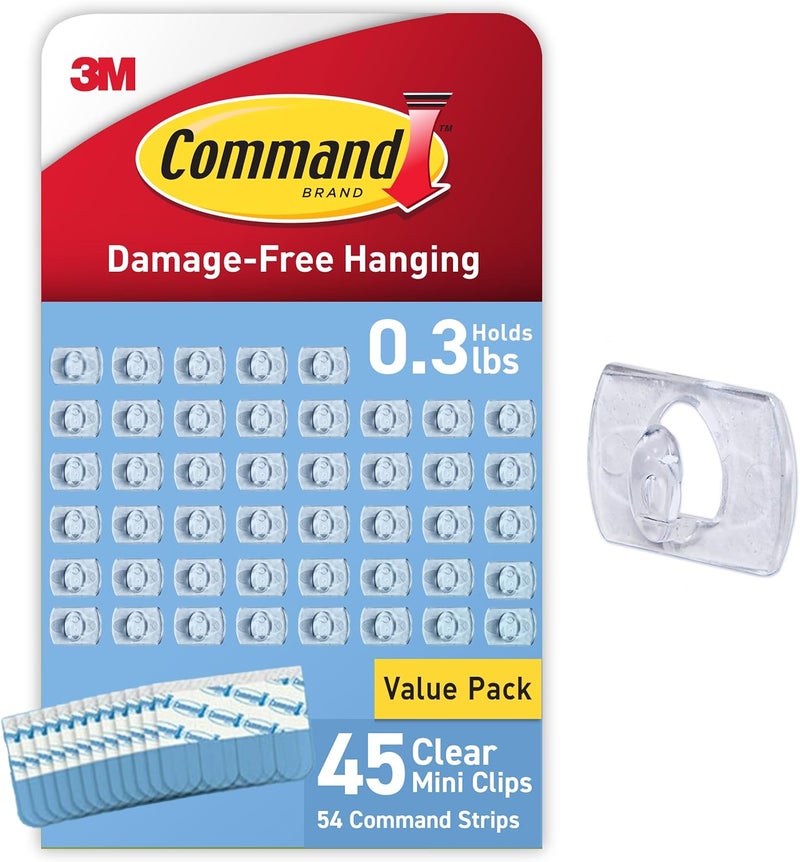 Command Clear Mini Light Clips, 45 Clips, 54 Strips - Easy To Open Packaging, Decorate Damage-Free - Image 1