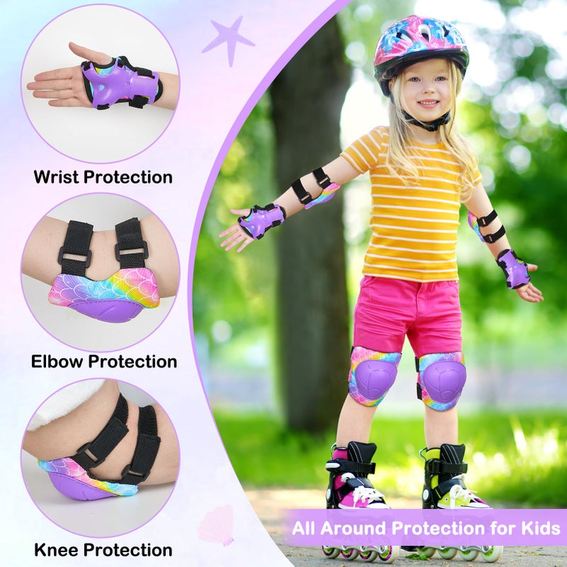 FIODAY Knee Pads for Kids Adjustable Kids Knee Pads and Elbow Pads with Wrist Guard for Girls Roller Skates Cycling Bike Skateboard Scooter Knee Pads, 3-8 Years,Rainbow Mermaid - Image 3