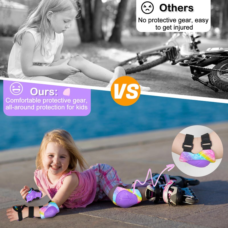 FIODAY Knee Pads for Kids Adjustable Kids Knee Pads and Elbow Pads with Wrist Guard for Girls Roller Skates Cycling Bike Skateboard Scooter Knee Pads, 3-8 Years,Rainbow Mermaid - Image 2