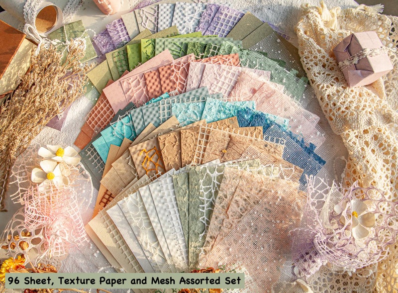 ARTSMONA 96 Sheets Textured Scrapbook Paper and Mesh Fabric Assorted Set - 6 Pack Mixed Special Paper for Scrapbooking Planner Bullet Junk Journal Supplies Mixed Media Collage Card Embellishments 3.9x5.5 Inch - Image 2