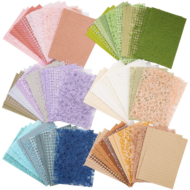 ARTSMONA 96 Sheets Textured Scrapbook Paper and Mesh Fabric Assorted Set - 6 Pack Mixed Special Paper for Scrapbooking Planner Bullet Junk Journal Supplies Mixed Media Collage Card Embellishments 3.9x5.5 Inch - Image 1