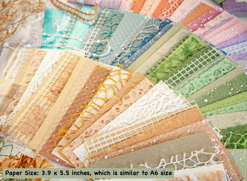 ARTSMONA 96 Sheets Textured Scrapbook Paper and Mesh Fabric Assorted Set - 6 Pack Mixed Special Paper for Scrapbooking Planner Bullet Junk Journal Supplies Mixed Media Collage Card Embellishments 3.9x5.5 Inch - Image 4