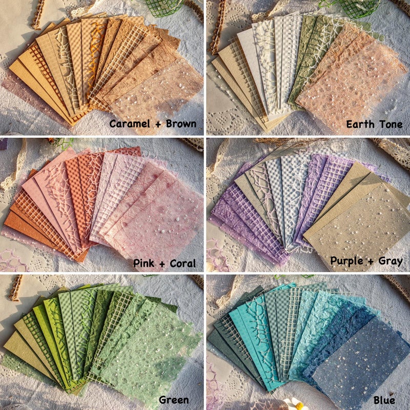 ARTSMONA 96 Sheets Textured Scrapbook Paper and Mesh Fabric Assorted Set - 6 Pack Mixed Special Paper for Scrapbooking Planner Bullet Junk Journal Supplies Mixed Media Collage Card Embellishments 3.9x5.5 Inch - Image 3
