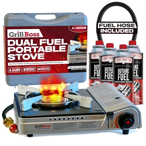 Chefmaster Grill Boss Dual Fuel Camp Stove w/ 4x 8oz Butane Canisters - 12,000 BTU Butane & Propane Portable Stove for Camping, Emergencies, BBQ, Hiking & Backpacking - Double Wind Guard, Piezo Ignition - 90057 - Image 1
