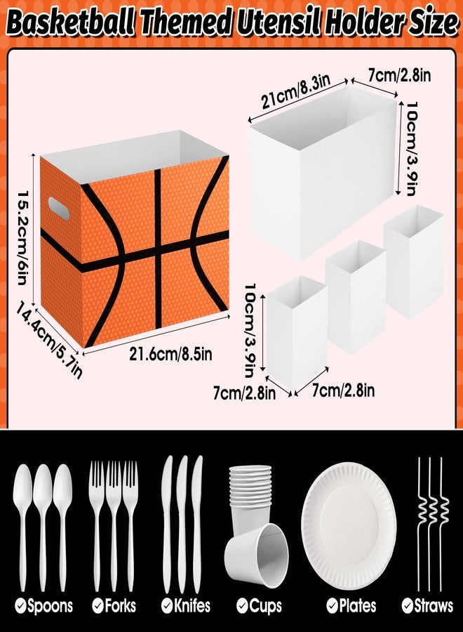 AKAIXI 2PCS Basketball Utensil Holder Paper Utensil Caddy for Basketball Party Decorations Disposable Cutlery Holder with Handles for Sports Birthday Party Supplies Boys Party Favors Cutlery Caddy - Image 2