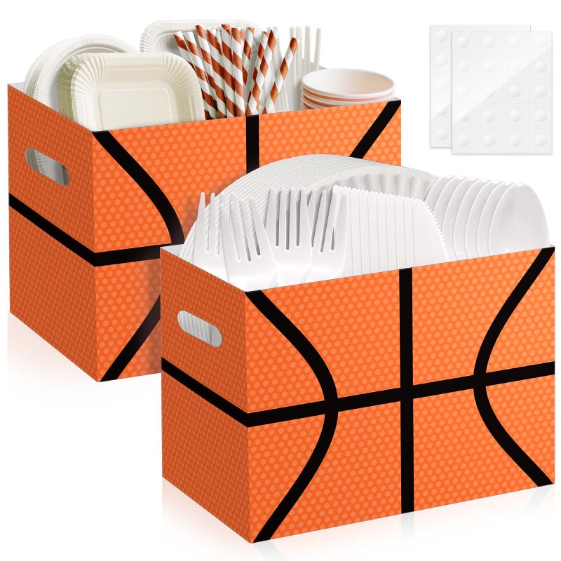 AKAIXI 2PCS Basketball Utensil Holder Paper Utensil Caddy for Basketball Party Decorations Disposable Cutlery Holder with Handles for Sports Birthday Party Supplies Boys Party Favors Cutlery Caddy - Image 1