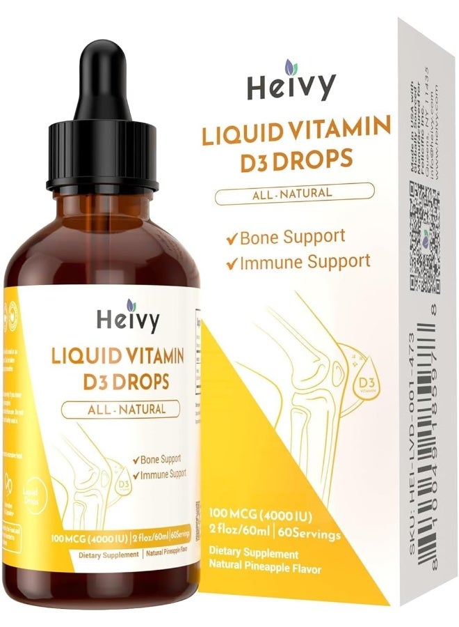 Heivy Liquid Vitamin D3 4000 Iu (100 Mcg), Liquid Vitamin D Supplement, Support Bone & Muscle Health, Pineapple Flavor Vegan Vit D3 Drops, 60 Servings 2 Fl Oz (60Ml) - Image 1