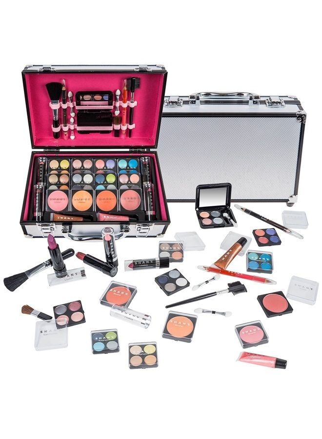 Shany Carry All Makeup Train Case with Pro Teen Makeup Set, Makeup Brushes, Lipsticks, Eye Shadows, Blushes, and more - Silver - Image 1