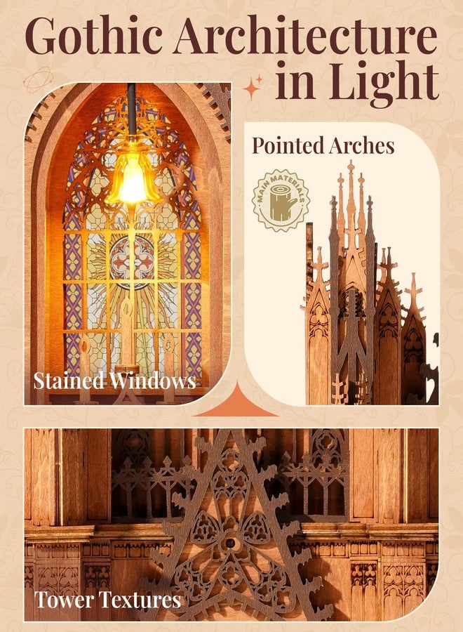 Rowood 3D Puzzles for Adults,Gothic Architecture Wooden Model Kit Buiding Set,DIY Adult Craft Kits with LED,Chirstmas Birthday Gift-Twin-Tower Cathedral - Image 5