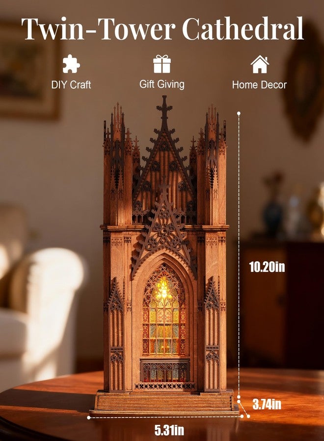 Rowood 3D Puzzles for Adults,Gothic Architecture Wooden Model Kit Buiding Set,DIY Adult Craft Kits with LED,Chirstmas Birthday Gift-Twin-Tower Cathedral - Image 3