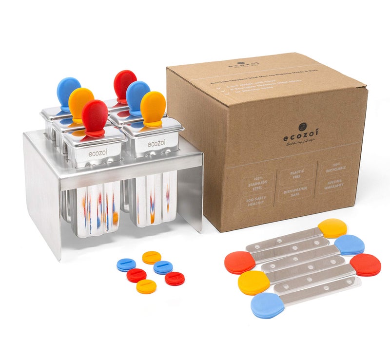 ecozoi Stainless Steel Popsicle Molds 6 Mini Popsicle Makers 6 Reusable Stainless Steel Sticks 12 Silicone Seals and 1 Rack Eco Popsicle Molds for Kids and Adults 2 oz Per Mold Square