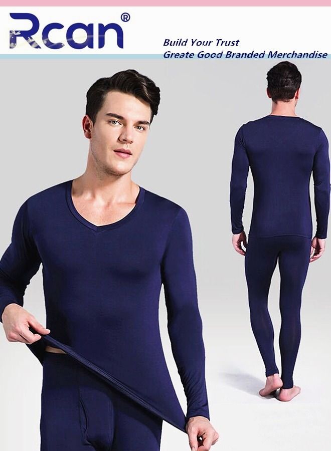 Rcan 2 Piece Men's V Neck Thermal Underwear Set Winter Pajamas Lightweight Slim Fitting Long Sleeved T-Shirt and Long Pants Basic Layer Bottoming Shirt Plus Size  - Image 1