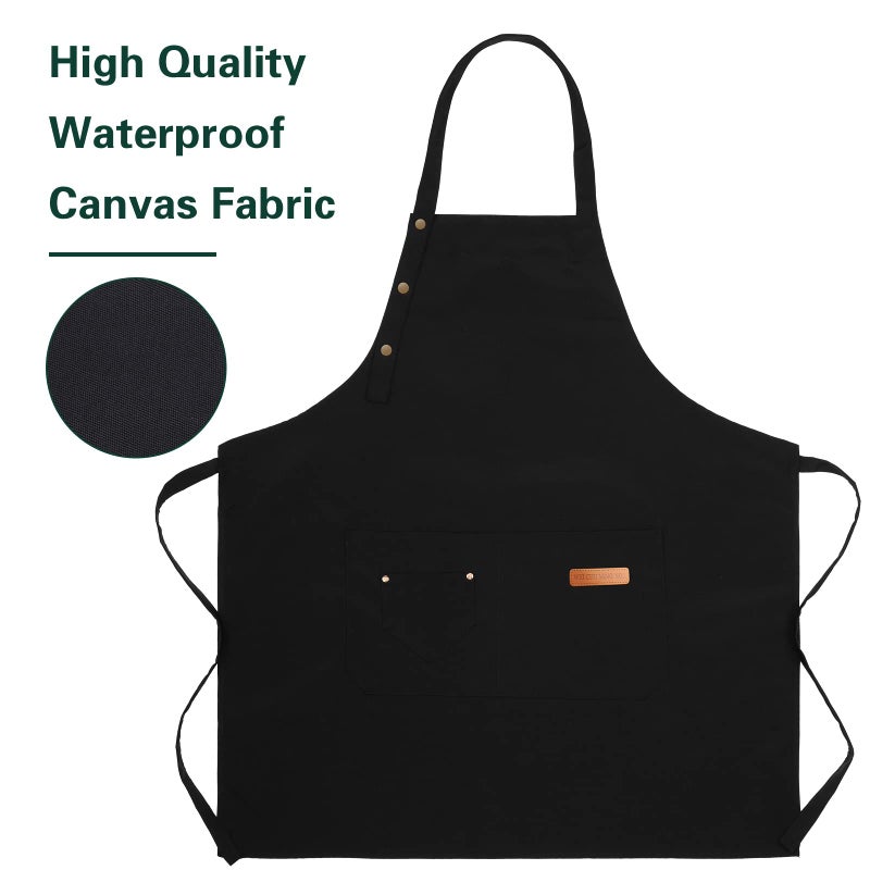 LOYGLIF Apron for Men Women with Adjustable Straps and Large Pockets, Canvas Cotton Cooking Kitchen Chef Bib Aprons Waterproof Black - Image 4