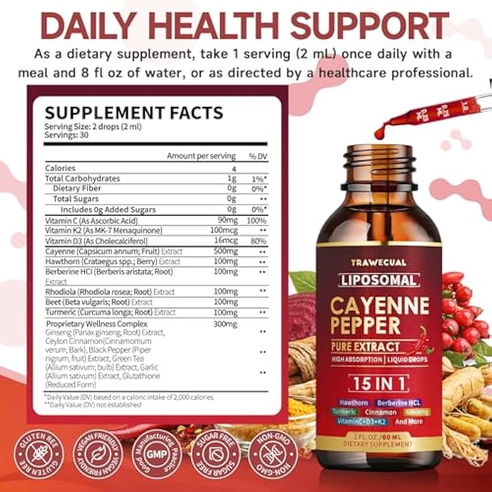 Trawecual 15 in1 Liposomal Cayenne Pepper Liquid Drops Supplement, with Vitamin D3 K2, Hawthorn, Berberine HCL, Beet Root, Turmeric, Cinnamon, Digestion, Circulatory Heath Support- 2 Fl Oz for 30 Days - Image 5