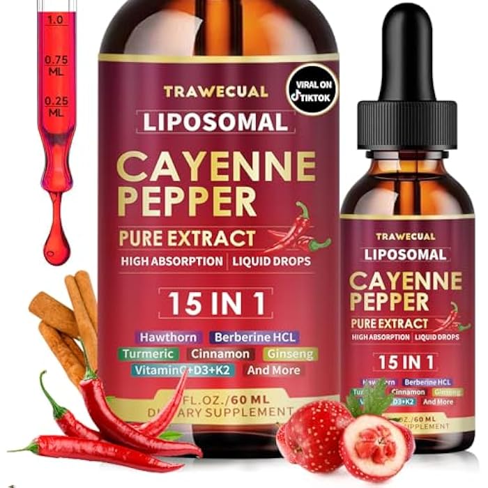 Trawecual 15 in1 Liposomal Cayenne Pepper Liquid Drops Supplement, with Vitamin D3 K2, Hawthorn, Berberine HCL, Beet Root, Turmeric, Cinnamon, Digestion, Circulatory Heath Support- 2 Fl Oz for 30 Days - Image 1