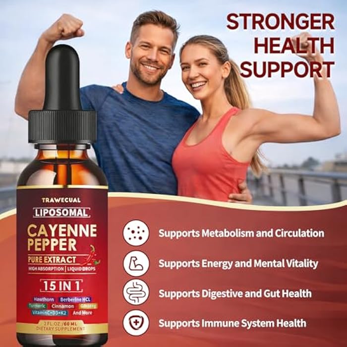 Trawecual 15 in1 Liposomal Cayenne Pepper Liquid Drops Supplement, with Vitamin D3 K2, Hawthorn, Berberine HCL, Beet Root, Turmeric, Cinnamon, Digestion, Circulatory Heath Support- 2 Fl Oz for 30 Days - Image 4