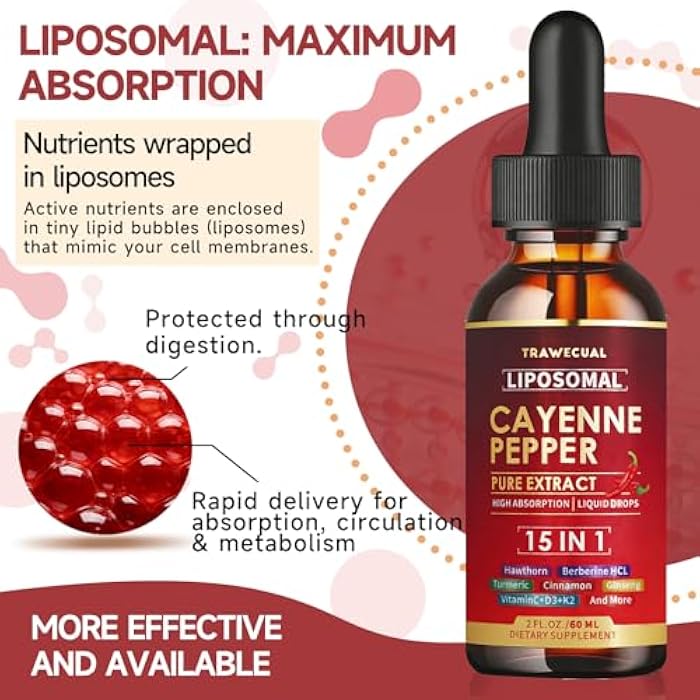 Trawecual 15 in1 Liposomal Cayenne Pepper Liquid Drops Supplement, with Vitamin D3 K2, Hawthorn, Berberine HCL, Beet Root, Turmeric, Cinnamon, Digestion, Circulatory Heath Support- 2 Fl Oz for 30 Days - Image 3