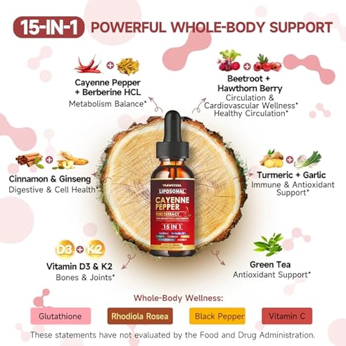 Trawecual 15 in1 Liposomal Cayenne Pepper Liquid Drops Supplement, with Vitamin D3 K2, Hawthorn, Berberine HCL, Beet Root, Turmeric, Cinnamon, Digestion, Circulatory Heath Support- 2 Fl Oz for 30 Days - Image 2