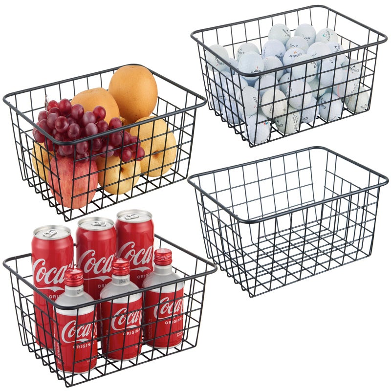 JUNCHU CHERRY Wire Kitchen Storage Basket 4 PacksPerfect Pantry Organization Accessories BasketsLaundry BasketCountertop OrganiztionSuitable for KitchenBathroomBedroomTabletopStackableSilver
