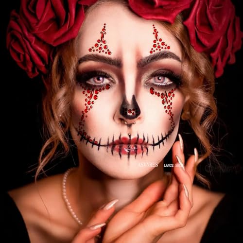 ASVNRES 2 Pieces Face Gems Jewels Tattoos for Halloween, Day of the Dead Face Temporary Skull Tattoos Rhinestone Crystal Stones Body Gems Makeup Stickers for Halloween Festival Rave Party Outfit - Image 4