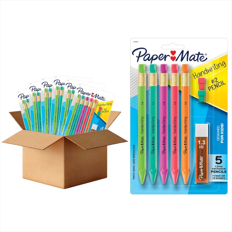 Paper Mate Handwriting Triangular Mechanical Pencil Set with Lead & Eraser Refills, 1.3mm, Fun Barrel Colors, 6 Packs, 30 Pencils Total - Back to School, Teacher Supplies, Home, Kids Writing - Image 1