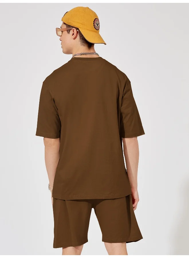 Maniac Mens Solid Round Neck 3/4th Sleeve Brown Color Tshirt and Brown Short Cotton Oversized Fit Co-Ords
