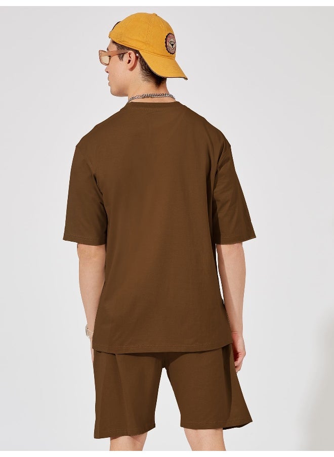 Maniac Mens Solid Round Neck 3/4th Sleeve Brown Color Tshirt and Brown Short Cotton Oversized Fit Co-Ords  - Image 3
