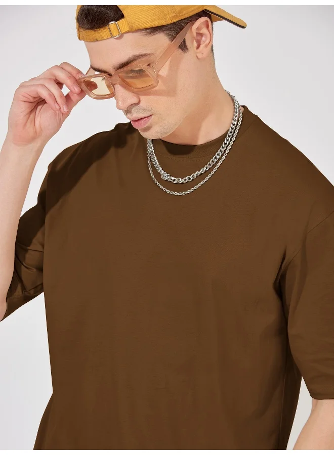 Maniac Mens Solid Round Neck 3/4th Sleeve Brown Color Tshirt and Brown Short Cotton Oversized Fit Co-Ords