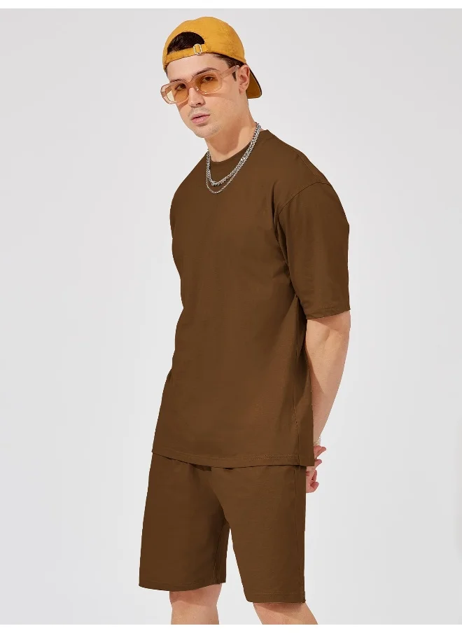 مانياك Mens Solid Round Neck 3/4th Sleeve Brown Color Tshirt and Brown Short Cotton Oversized Fit Co-Ords