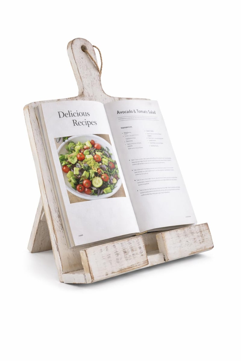 Eximious India Wedding Gifts Wooden Cookbook Stand Chopping Board Style Foldable Recipe Book Stand Holder Easel for Kitchen Text Book Tablet L 9.5 x B 1.5 x H 14 inches (White) Cooking Gifts - Image 1