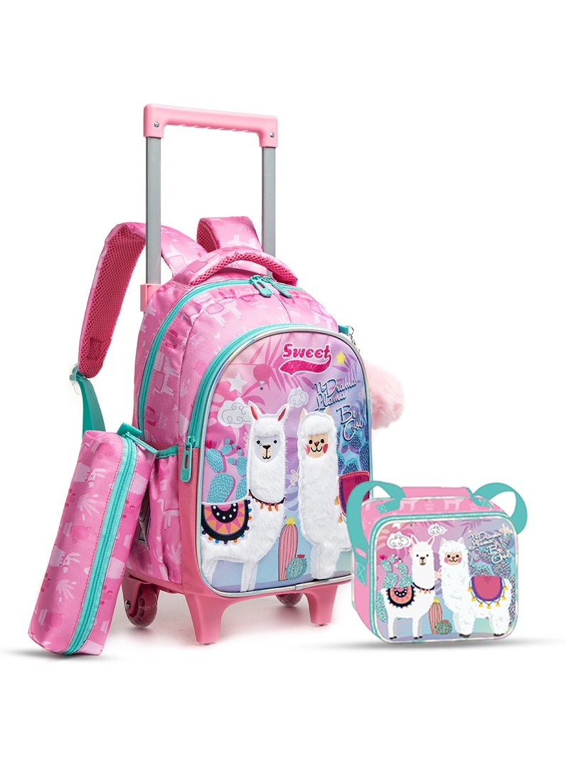 Eazy Kids Eazy Kids 16Inch Set of 3 Trolley School Bag with Lunch Bag and Pencil Case Lama - Pink  - Image 1