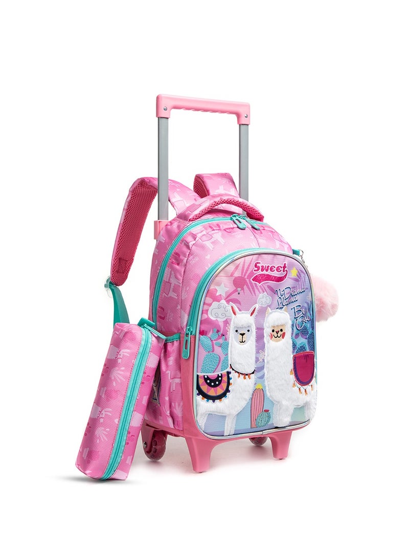 Eazy Kids Eazy Kids 16Inch Set of 3 Trolley School Bag with Lunch Bag and Pencil Case Lama - Pink  - Image 3