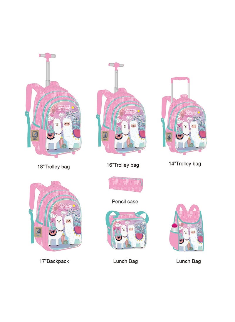 Eazy Kids Eazy Kids 16Inch Set of 3 Trolley School Bag with Lunch Bag and Pencil Case Lama - Pink  - Image 4
