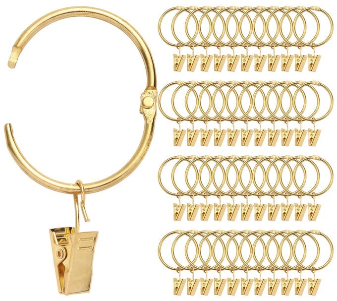 40 PACK RINGS CURTAIN CLIPS RUSTPROOF METAL WINDOW DRAPERY DECORATIVE CLIPS VINTAGE HEAVY DUTY EYELET CURTAIN RODS HANGERS RINGS WITH HOOKS 15IN INNER DIAMETER GOLDOPEN