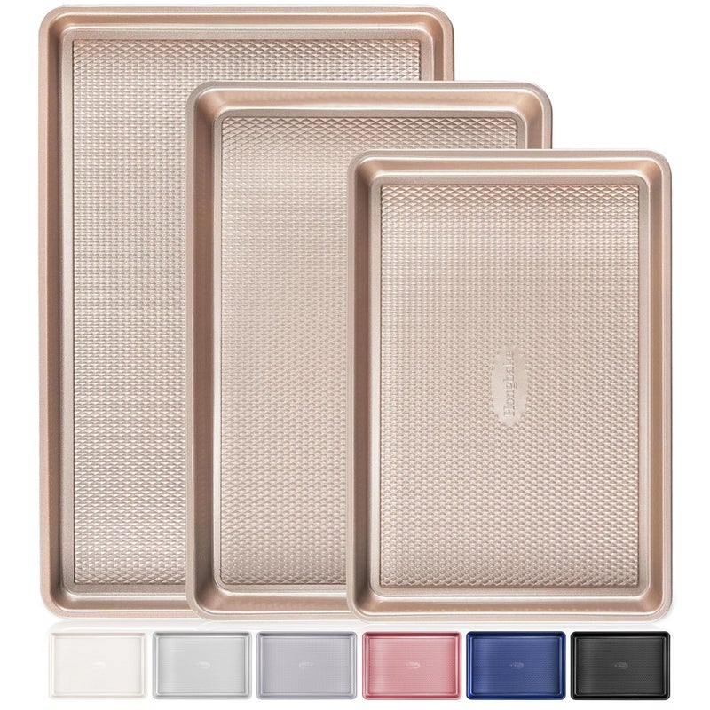 HONGBAKE Baking Sheet Pan Set of 3 Cookie Sheets for Oven Nonstick HalfQuarterJelly Roll Pans with Diamond Texture Pattern 08mm Thick Heavy Duty Cookie Tray Champagne Gold