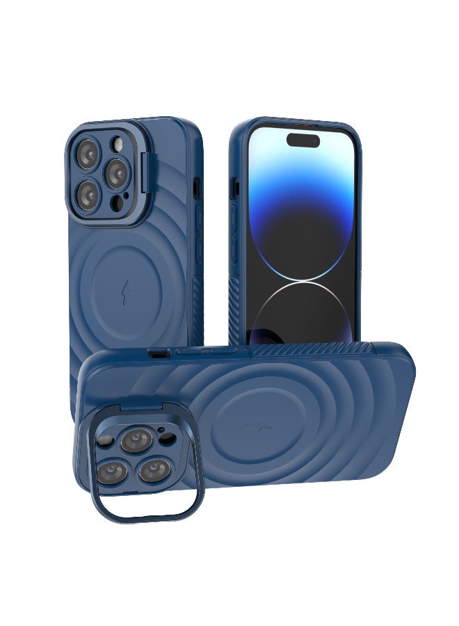 غطاء حمايه لهاتف ايفون 14 برو جراب ارمور مغناطيسي ياتي بحواف مرتفعة حول الشاشة وعدسة الكاميرا تساعد على منع الخدوش معا استاند للكاميرا - ازرق - Image 1