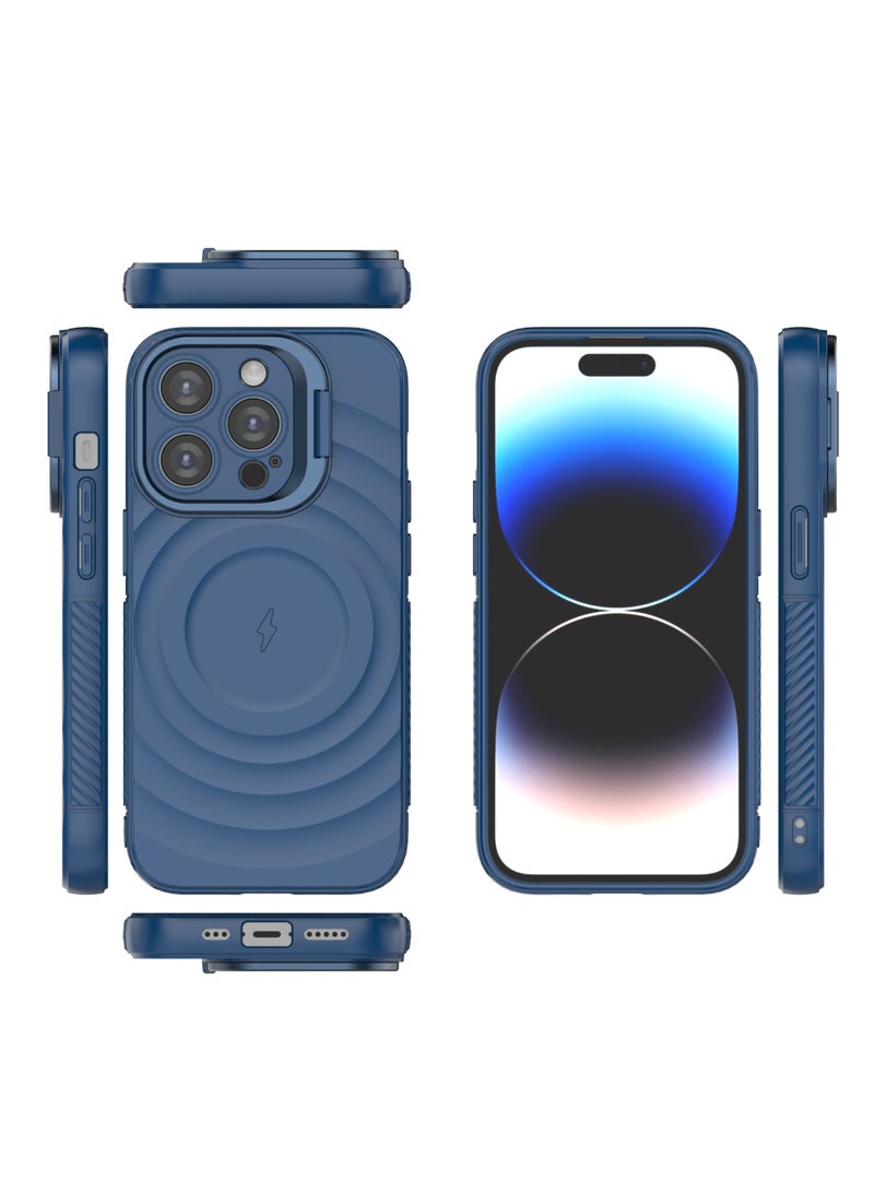 غطاء حمايه لهاتف ايفون 14 برو جراب ارمور مغناطيسي ياتي بحواف مرتفعة حول الشاشة وعدسة الكاميرا تساعد على منع الخدوش معا استاند للكاميرا - ازرق - Image 2