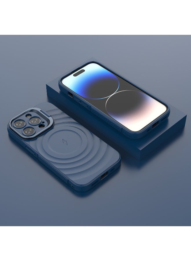 غطاء حمايه لهاتف ايفون 14 برو جراب ارمور مغناطيسي ياتي بحواف مرتفعة حول الشاشة وعدسة الكاميرا تساعد على منع الخدوش معا استاند للكاميرا - ازرق - Image 4