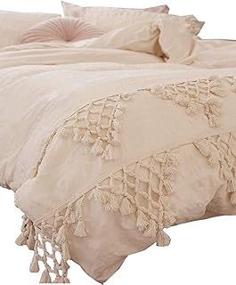 Flber Tufted Tassel Duvet Cover Cotton Cream Boho Bedding Twin, 68inx90in - Image 1