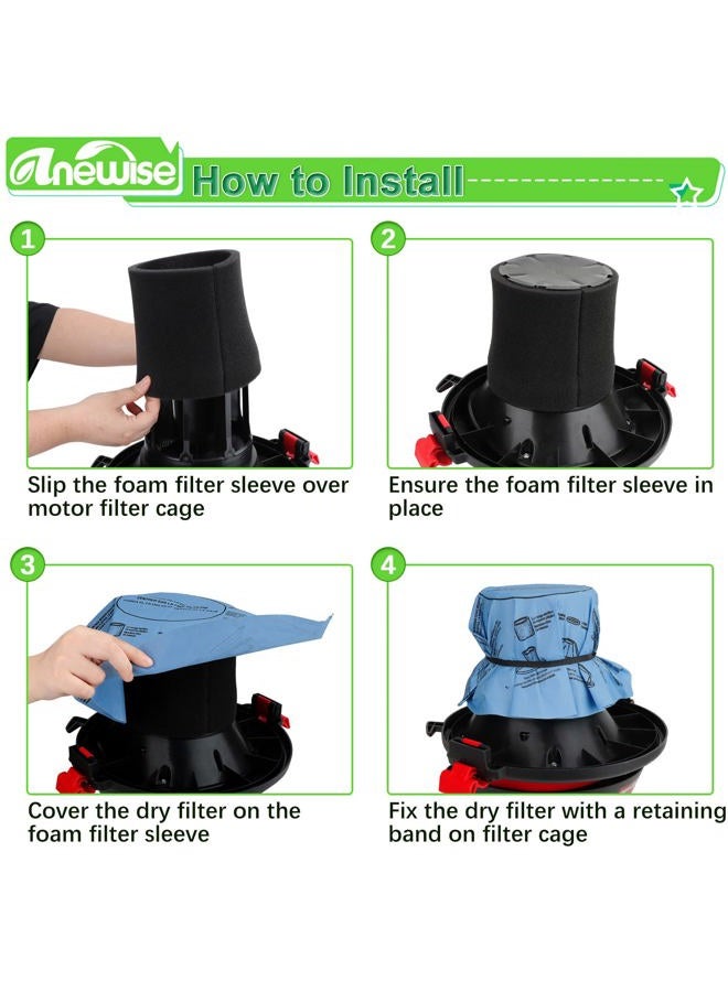 Anewise 3 Pack 90585 Filter Foam Sleeve and 6 Pack 9010700 Dry Filter Disc & 6 Retaining Band for Shop Vac Wet/Dry Vacmaster Genie Shop 5 Gallon Up Vacuum, Compare to Part #9058500, 9010700 - Image 3